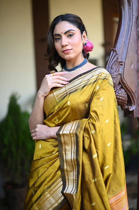 Rang Mahal ~ Handloom Pure Silk Paithani in Peacock Pallu in Mehendi Green (With Silk Mark)