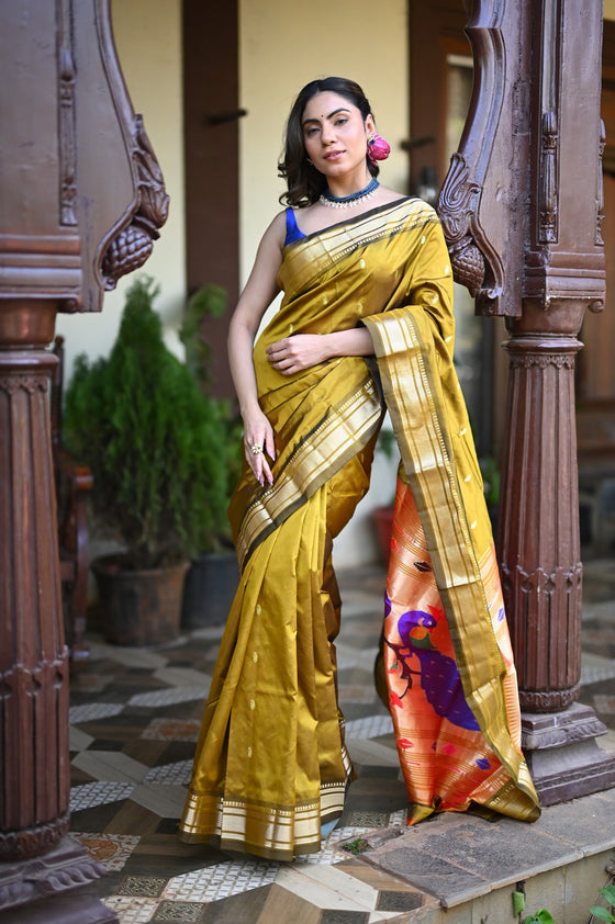 Rang Mahal ~ Handloom Pure Silk Paithani in Peacock Pallu in Mehendi Green (With Silk Mark)