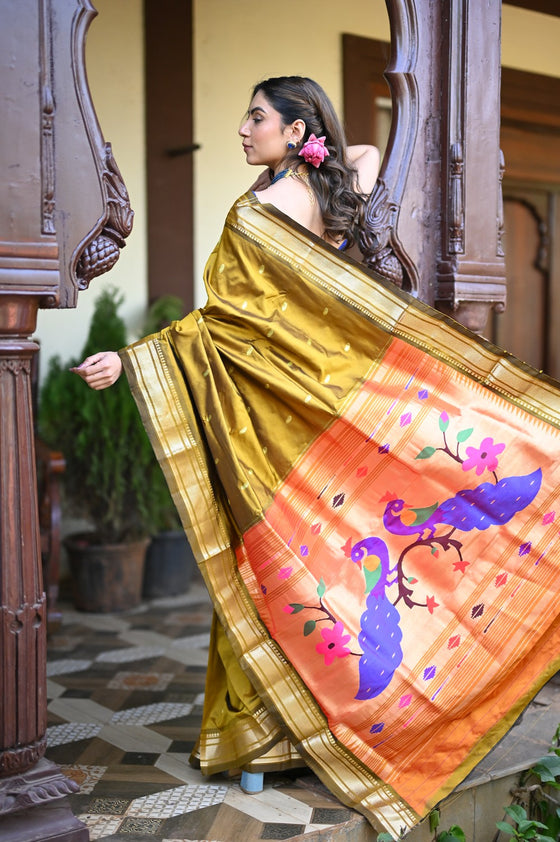 Rang Mahal ~ Handloom Pure Silk Paithani in Peacock Pallu in Mehendi Green (With Silk Mark)