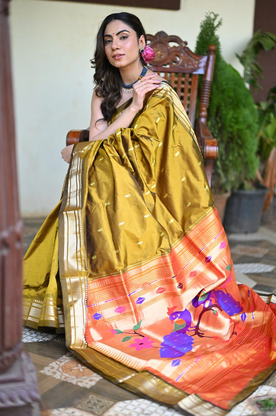 Rang Mahal ~ Handloom Pure Silk Paithani in Peacock Pallu in Mehendi Green (With Silk Mark)