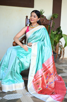  Rang Mahal ~ Handloom Pure Silk Paithani with Double Pallu in Sea Blue (With Silk Mark)