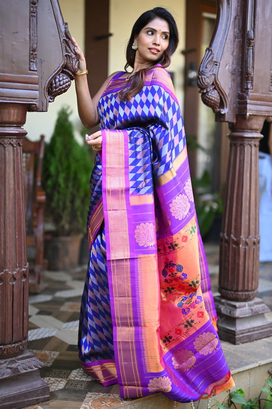 Rang Mahal ~ Handloom Pure Silk Brocade Maharani Paithani in Blue with Purple Border (With Silk Mark)