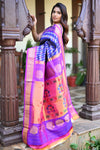 Rang Mahal ~ Handloom Pure Silk Brocade Maharani Paithani in Blue with Purple Border (With Silk Mark)