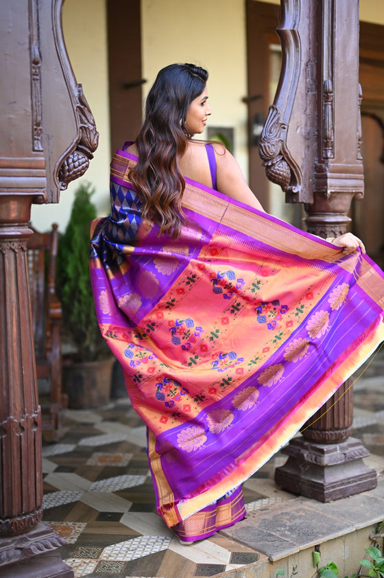 Rang Mahal ~ Handloom Pure Silk Brocade Maharani Paithani in Blue with Purple Border (With Silk Mark)