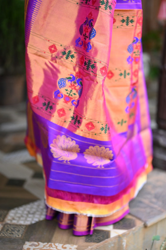 Rang Mahal ~ Handloom Pure Silk Brocade Maharani Paithani in Blue with Purple Border (With Silk Mark)