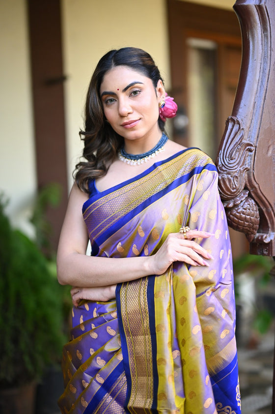 Rang Mahal ~ Handloom Pure Silk Maharani Paithani in in Dual Tone Yellow with Royal Blue (With Silk Mark)