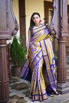 Rang Mahal ~ Handloom Pure Silk Maharani Paithani in in Dual Tone Yellow with Royal Blue (With Silk Mark)