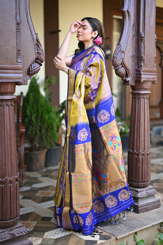 Rang Mahal ~ Handloom Pure Silk Maharani Paithani in in Dual Tone Yellow with Royal Blue (With Silk Mark)