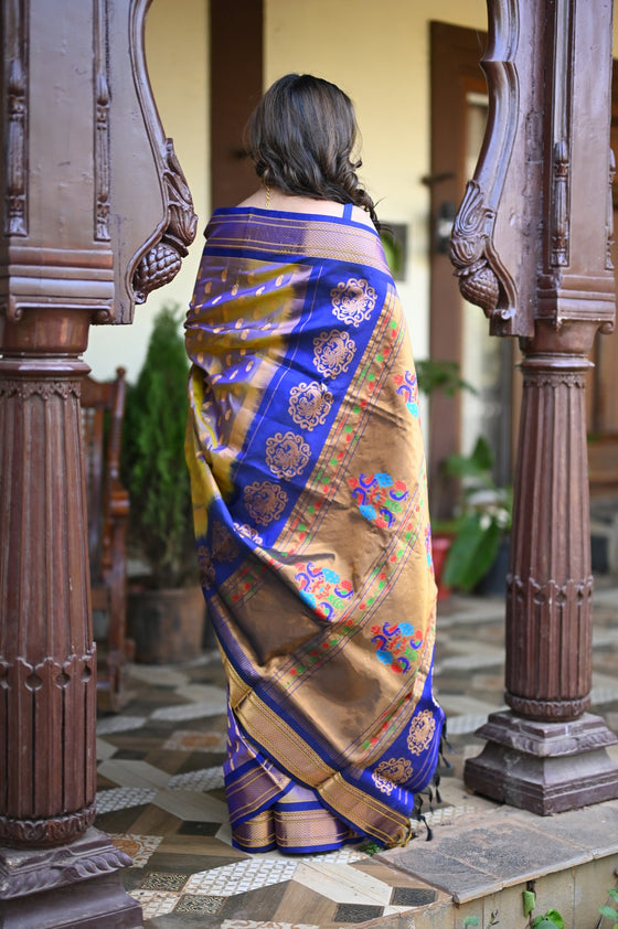 Rang Mahal ~ Handloom Pure Silk Maharani Paithani in in Dual Tone Yellow with Royal Blue (With Silk Mark)