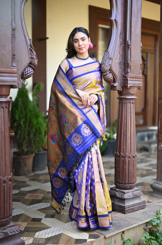 Rang Mahal ~ Handloom Pure Silk Maharani Paithani in in Dual Tone Yellow with Royal Blue (With Silk Mark)