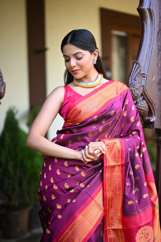 Rang Mahal ~ Handloom Pure Silk Maharani Paithani in Beautiful Wine with Pink Border all over Buttis (With Silk Mark)