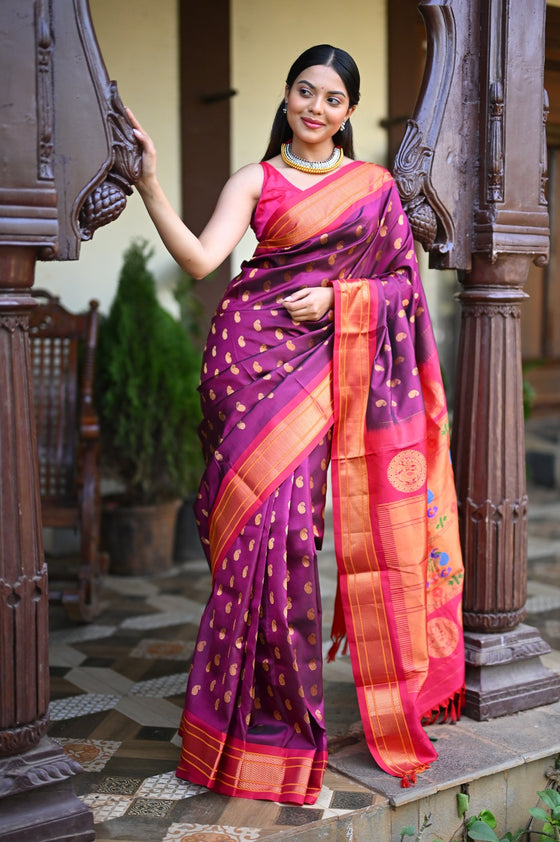 Rang Mahal ~ Handloom Pure Silk Maharani Paithani in Beautiful Wine with Pink Border all over Buttis (With Silk Mark)