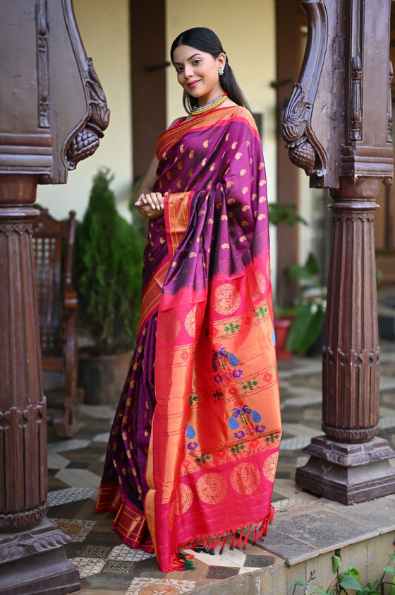 Rang Mahal ~ Handloom Pure Silk Maharani Paithani in Beautiful Wine with Pink Border all over Buttis (With Silk Mark)