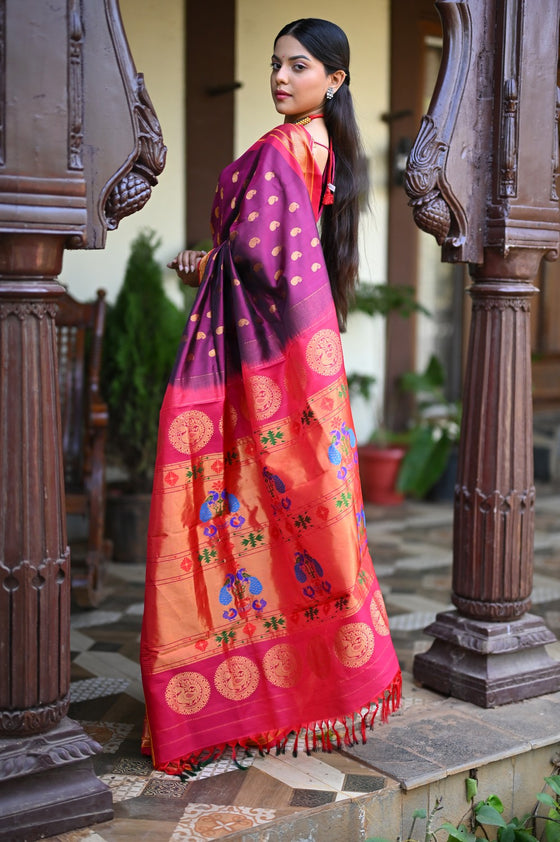 Rang Mahal ~ Handloom Pure Silk Maharani Paithani in Beautiful Wine with Pink Border all over Buttis (With Silk Mark)