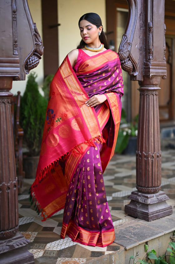 Rang Mahal ~ Handloom Pure Silk Maharani Paithani in Beautiful Wine with Pink Border all over Buttis (With Silk Mark)