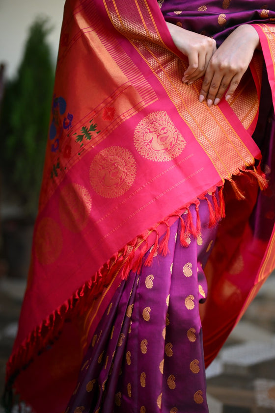Rang Mahal ~ Handloom Pure Silk Maharani Paithani in Beautiful Wine with Pink Border all over Buttis (With Silk Mark)