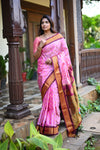 Rang Mahal ~ Handloom Pure Silk  Maharani Paithani in Light Pink and Wine (With Silk Mark)