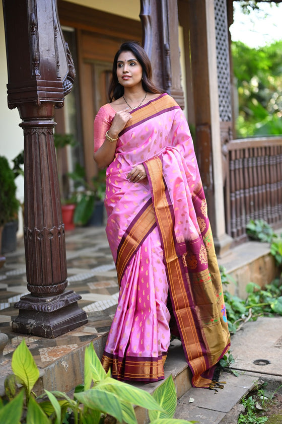 Rang Mahal ~ Handloom Pure Silk  Maharani Paithani in Light Pink and Wine (With Silk Mark)