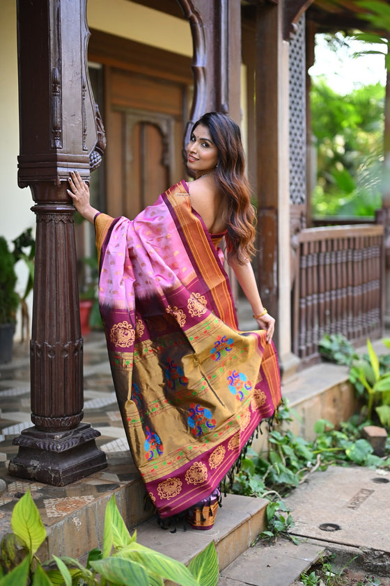 Rang Mahal ~ Handloom Pure Silk  Maharani Paithani in Light Pink and Wine (With Silk Mark)