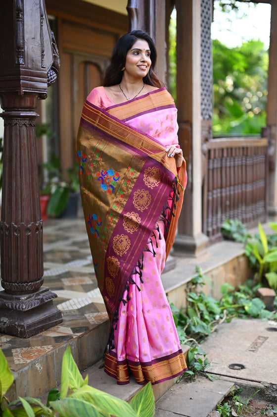 Rang Mahal ~ Handloom Pure Silk  Maharani Paithani in Light Pink and Wine (With Silk Mark)