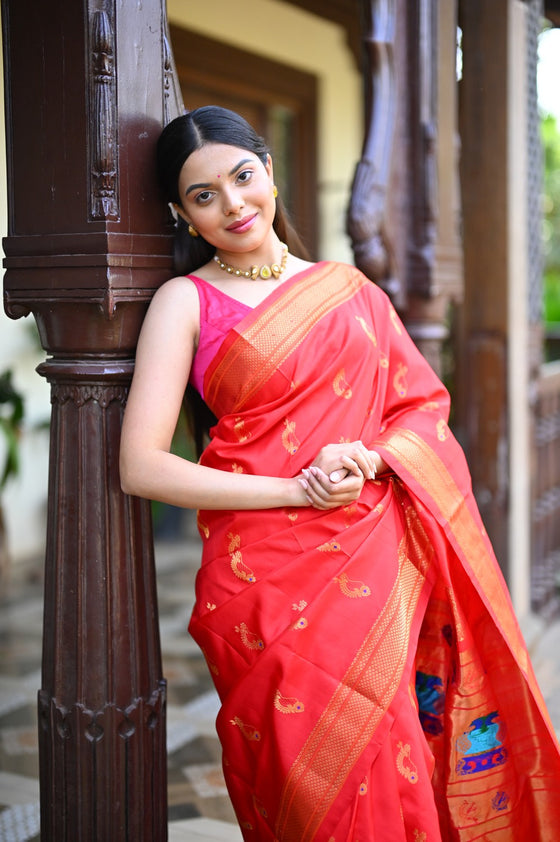 Rang Mahal ~ Handloom Pure Silk Maharani Paithani in Royal Red with Nath Meenawork Buttis (With Silk Mark)