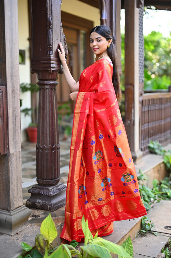 Rang Mahal ~ Handloom Pure Silk Maharani Paithani in Royal Red with Nath Meenawork Buttis (With Silk Mark)