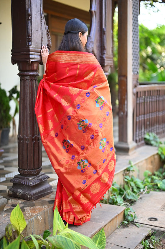 Rang Mahal ~ Handloom Pure Silk Maharani Paithani in Royal Red with Nath Meenawork Buttis (With Silk Mark)