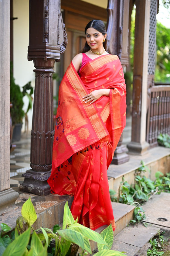 Rang Mahal ~ Handloom Pure Silk Maharani Paithani in Royal Red with Nath Meenawork Buttis (With Silk Mark)