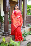 Rang Mahal ~ Handloom Pure Silk Maharani Paithani in Royal Red with Nath Meenawork Buttis (With Silk Mark)