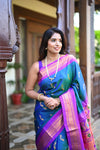 Rang Mahal ~ Handloom Pure Silk Maharani Paithani in Azure Blue with Nath Meenawork Buttis (With Silk Mark)