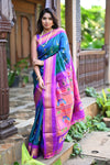 Rang Mahal ~ Handloom Pure Silk Maharani Paithani in Azure Blue with Nath Meenawork Buttis (With Silk Mark)