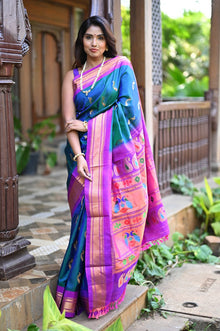  Rang Mahal ~ Handloom Pure Silk Maharani Paithani in Azure Blue with Nath Meenawork Buttis (With Silk Mark)