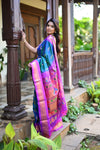 Rang Mahal ~ Handloom Pure Silk Maharani Paithani in Azure Blue with Nath Meenawork Buttis (With Silk Mark)