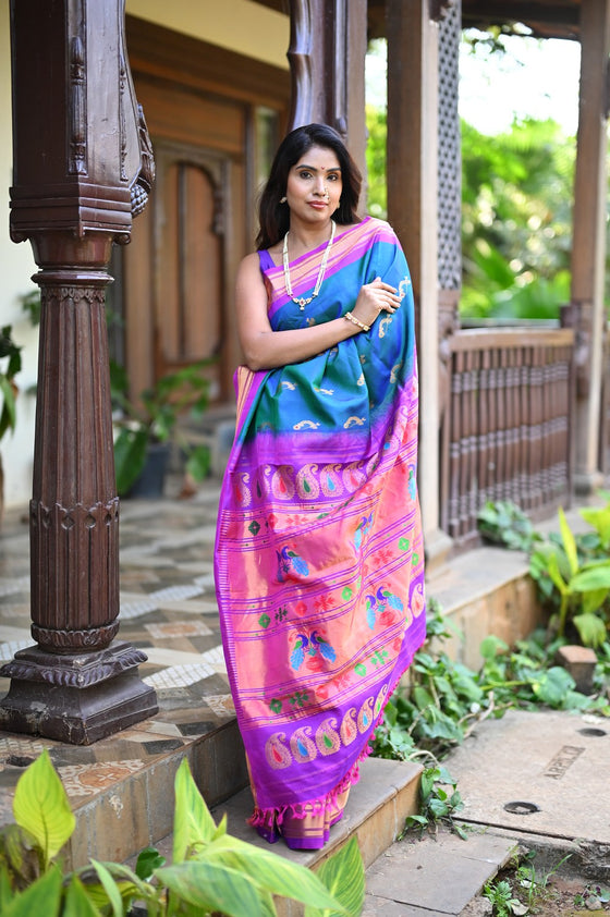Rang Mahal ~ Handloom Pure Silk Maharani Paithani in Azure Blue with Nath Meenawork Buttis (With Silk Mark)