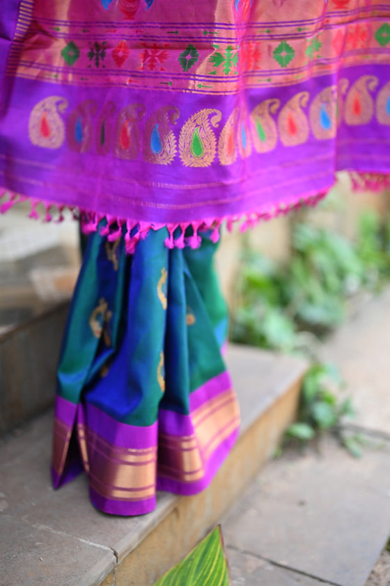 Rang Mahal ~ Handloom Pure Silk Maharani Paithani in Azure Blue with Nath Meenawork Buttis (With Silk Mark)