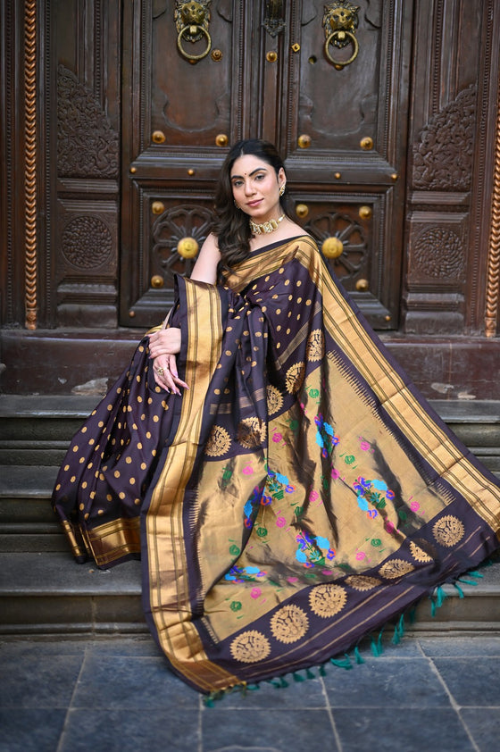 Rang Mahal ~ Handloom Pure Silk Maharani Paithani in Coffee Brown (With Silk Mark)
