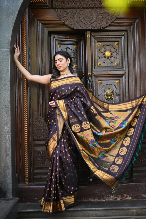 Rang Mahal ~ Handloom Pure Silk Maharani Paithani in Coffee Brown (With Silk Mark)