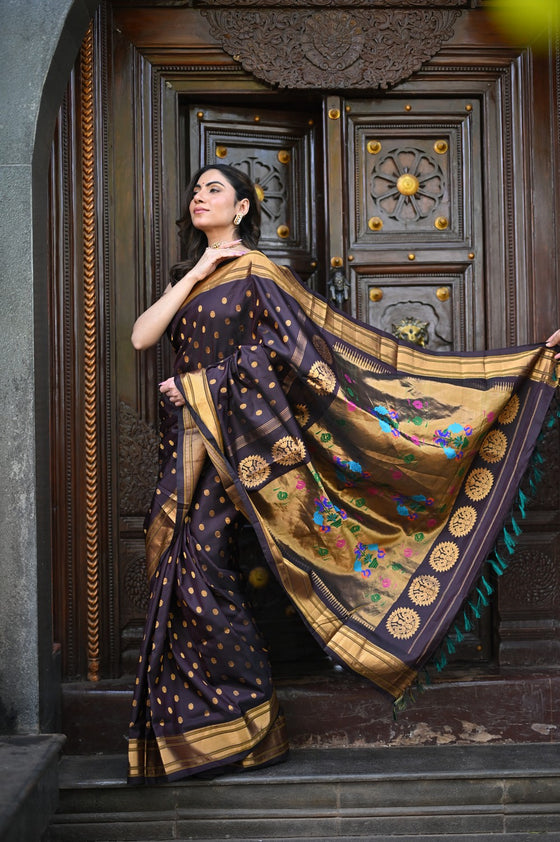 Rang Mahal ~ Handloom Pure Silk Maharani Paithani in Coffee Brown (With Silk Mark)