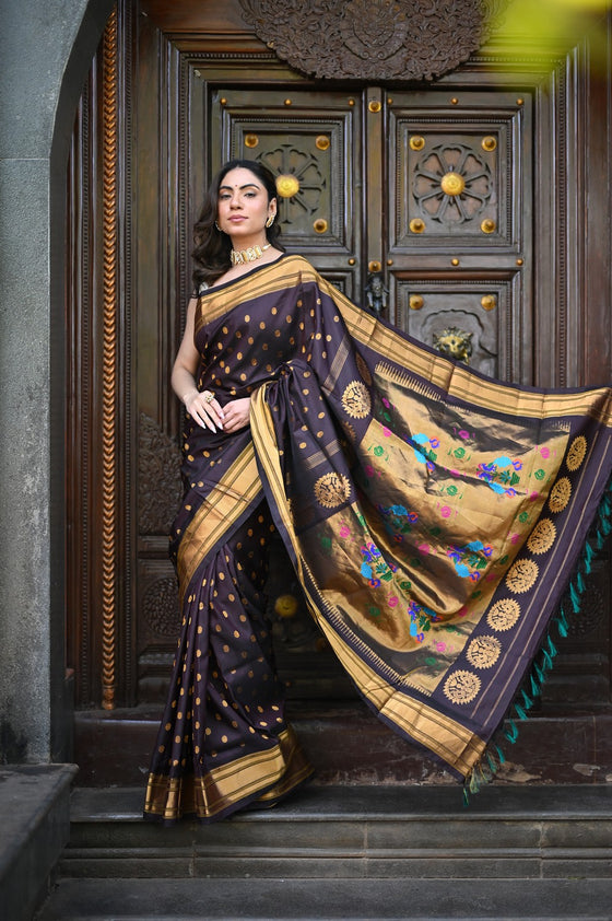 Rang Mahal ~ Handloom Pure Silk Maharani Paithani in Coffee Brown (With Silk Mark)