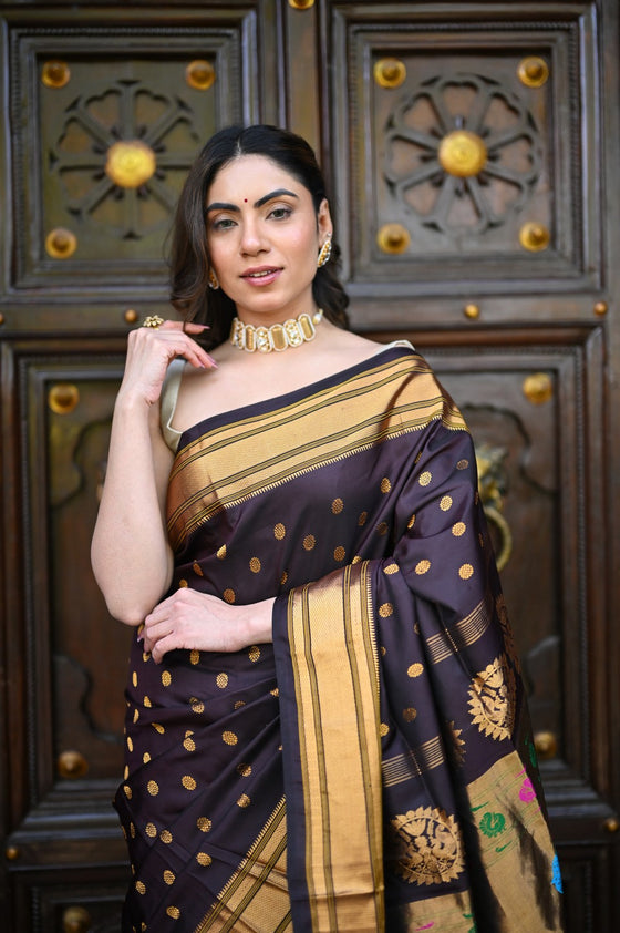 Rang Mahal ~ Handloom Pure Silk Maharani Paithani in Coffee Brown (With Silk Mark)