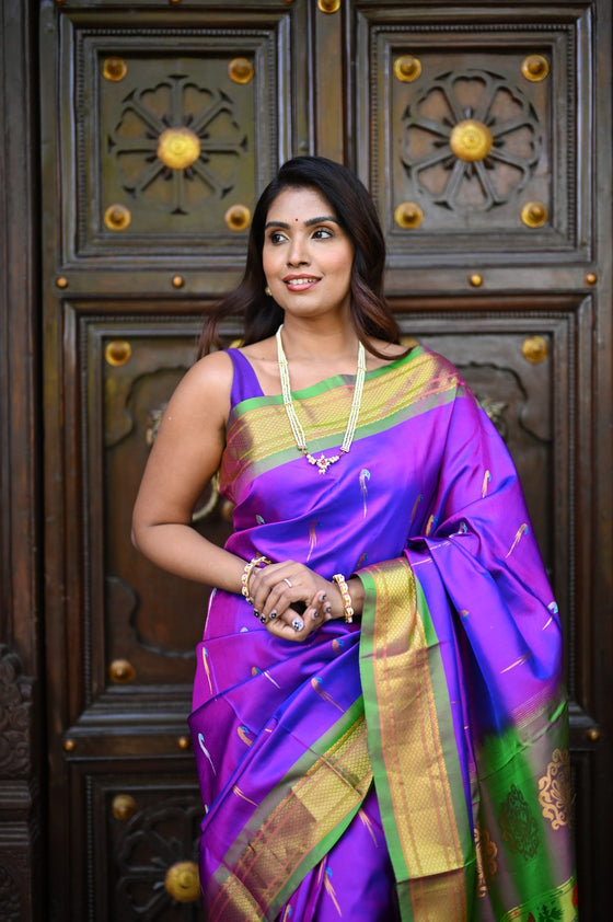 Rang Mahal ~ Handloom Pure Silk Paithani Saree with Muniya Buttis in Dual Tone Purple (With Silk Mark)