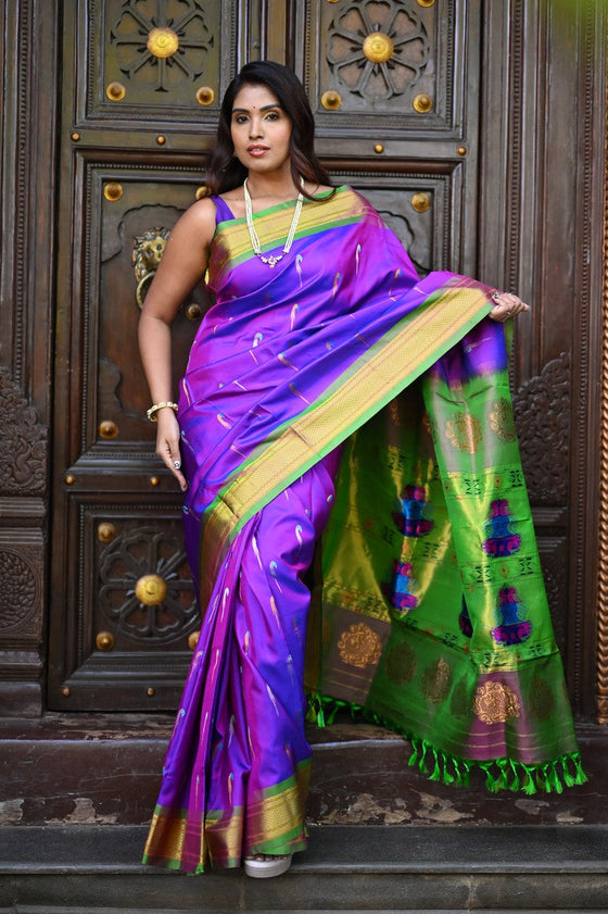 Rang Mahal ~ Handloom Pure Silk Paithani Saree with Muniya Buttis in Dual Tone Purple (With Silk Mark)