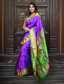  Rang Mahal ~ Handloom Pure Silk Paithani Saree with Muniya Buttis in Dual Tone Purple (With Silk Mark)