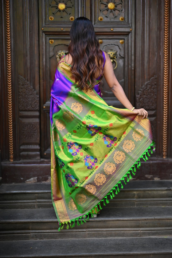 Rang Mahal ~ Handloom Pure Silk Paithani Saree with Muniya Buttis in Dual Tone Purple (With Silk Mark)