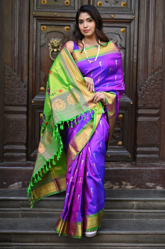 Rang Mahal ~ Handloom Pure Silk Paithani Saree with Muniya Buttis in Dual Tone Purple (With Silk Mark)