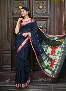  Rang Mahal ~ Handloom Pure Cotton Paithani in Black with Pichwai Pallu
