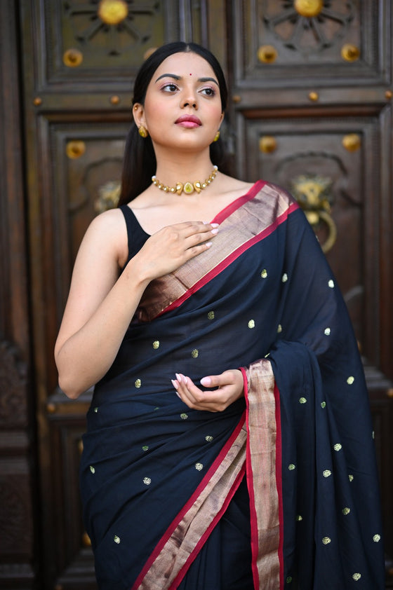 Rang Mahal ~ Handloom Pure Cotton Paithani in Black with Pichwai Pallu