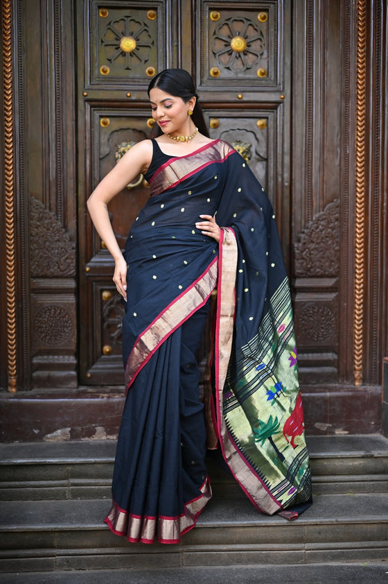 Rang Mahal ~ Handloom Pure Cotton Paithani in Black with Pichwai Pallu