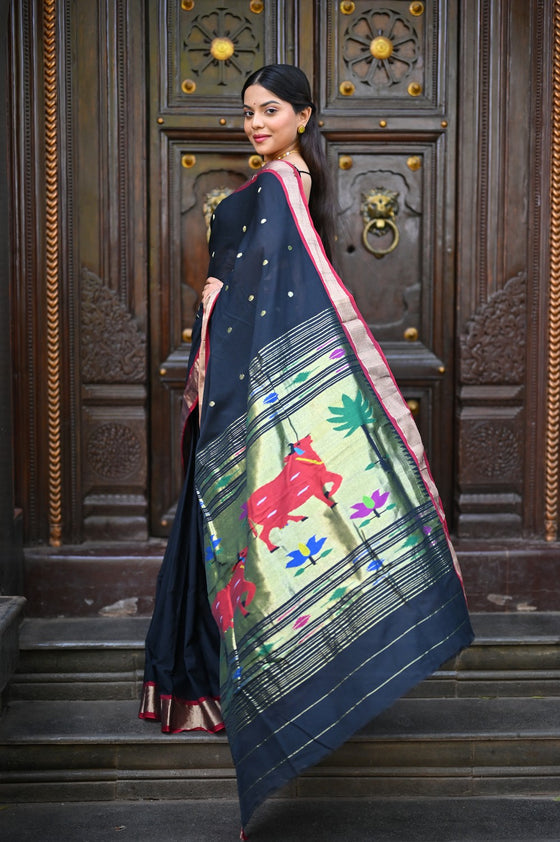 Rang Mahal ~ Handloom Pure Cotton Paithani in Black with Pichwai Pallu
