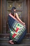 Rang Mahal ~ Handloom Pure Cotton Paithani in Black with Pichwai Pallu